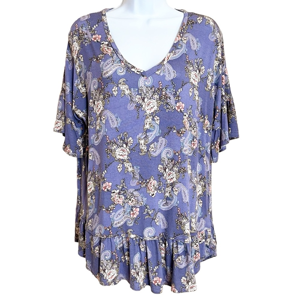 Bobeau Floral Drop Waist Ruffle Top Womens M Purple Oversize Paisley Bell Sleeve
